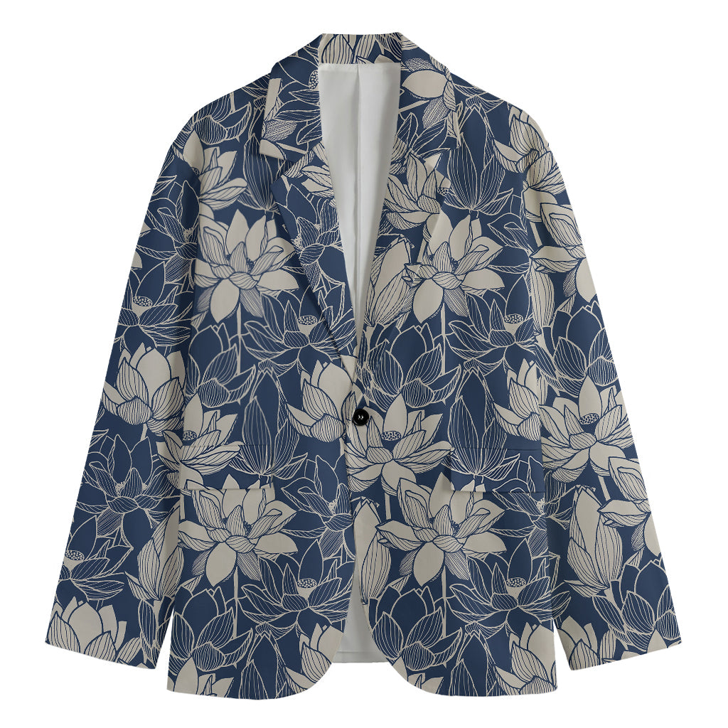 White And Blue Lotus Flower Print Men's Cotton Blazer
