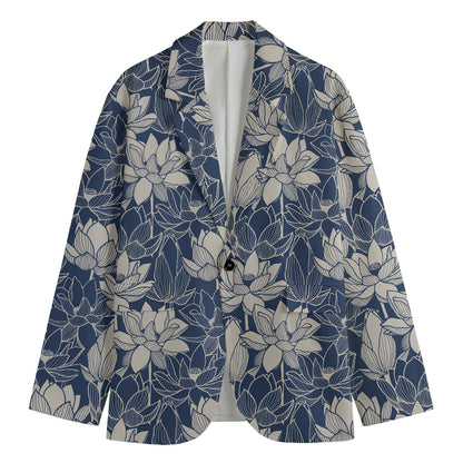 White And Blue Lotus Flower Print Men's Cotton Blazer