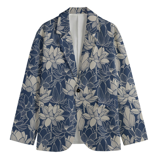 White And Blue Lotus Flower Print Men's Cotton Blazer