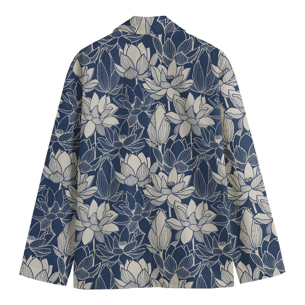 White And Blue Lotus Flower Print Men's Cotton Blazer