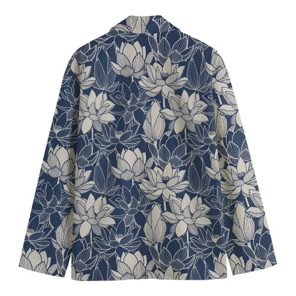 White And Blue Lotus Flower Print Men's Cotton Blazer