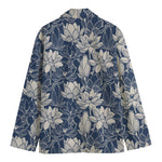 White And Blue Lotus Flower Print Men's Cotton Blazer