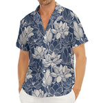 White And Blue Lotus Flower Print Men's Deep V-Neck Shirt