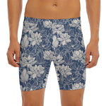 White And Blue Lotus Flower Print Men's Long Boxer Briefs