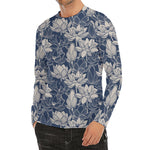 White And Blue Lotus Flower Print Men's Long Sleeve Rash Guard
