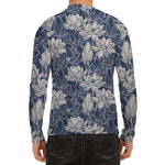 White And Blue Lotus Flower Print Men's Long Sleeve Rash Guard