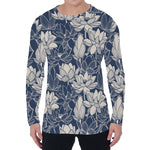 White And Blue Lotus Flower Print Men's Long Sleeve T-Shirt