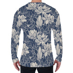 White And Blue Lotus Flower Print Men's Long Sleeve T-Shirt