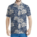 White And Blue Lotus Flower Print Men's Polo Shirt