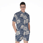 White And Blue Lotus Flower Print Men's Rompers