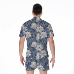 White And Blue Lotus Flower Print Men's Rompers