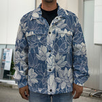 White And Blue Lotus Flower Print Men's Shirt Jacket