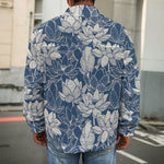White And Blue Lotus Flower Print Men's Shirt Jacket
