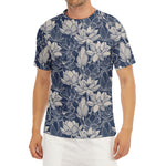 White And Blue Lotus Flower Print Men's Short Sleeve Rash Guard