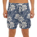White And Blue Lotus Flower Print Men's Split Running Shorts