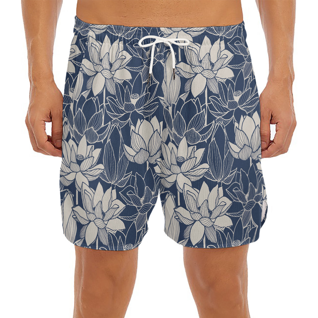White And Blue Lotus Flower Print Men's Split Running Shorts