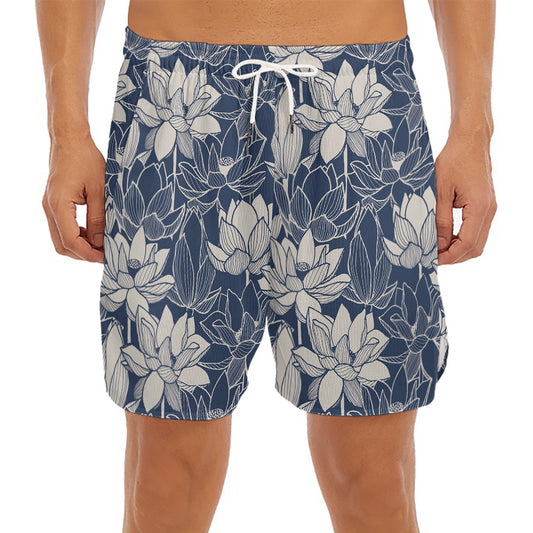 White And Blue Lotus Flower Print Men's Split Running Shorts