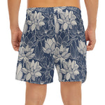 White And Blue Lotus Flower Print Men's Split Running Shorts