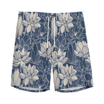 White And Blue Lotus Flower Print Men's Sports Shorts