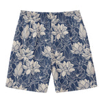 White And Blue Lotus Flower Print Men's Swim Trunks