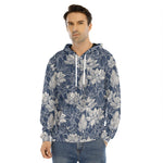 White And Blue Lotus Flower Print Men's Velvet Pullover Hoodie