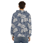 White And Blue Lotus Flower Print Men's Velvet Pullover Hoodie