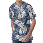 White And Blue Lotus Flower Print Men's Velvet T-Shirt