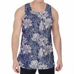 White And Blue Lotus Flower Print Men's Velvet Tank Top