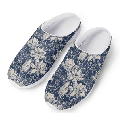 White And Blue Lotus Flower Print Mesh Casual Shoes