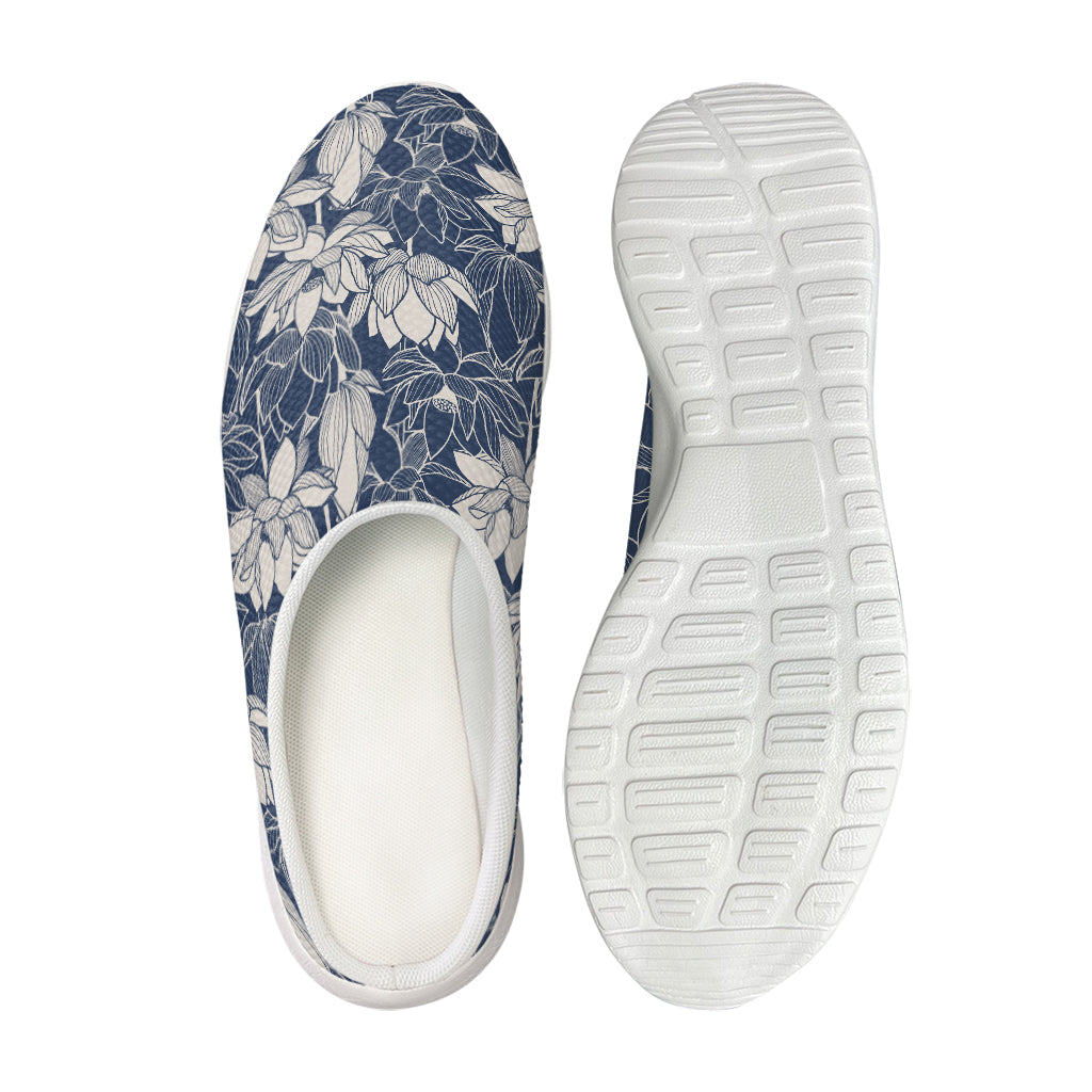 White And Blue Lotus Flower Print Mesh Casual Shoes