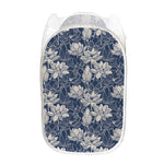 White And Blue Lotus Flower Print Mesh Laundry Hamper