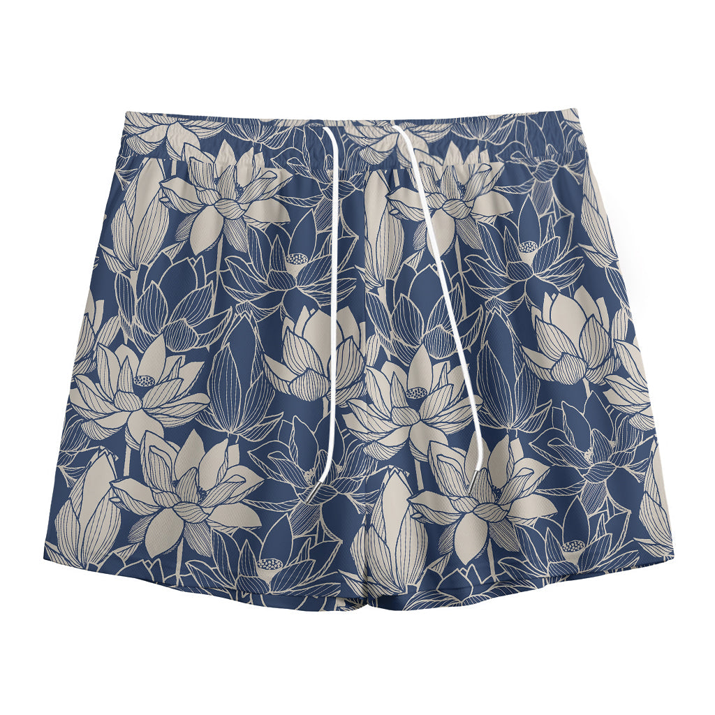 White And Blue Lotus Flower Print Mesh Shorts