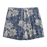 White And Blue Lotus Flower Print Mesh Shorts