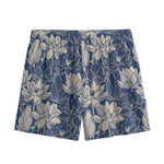 White And Blue Lotus Flower Print Mesh Shorts