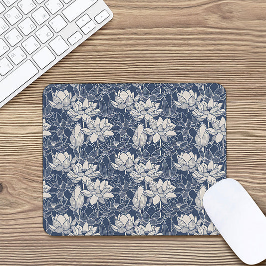 White And Blue Lotus Flower Print Mouse Pad