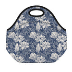 White And Blue Lotus Flower Print Neoprene Lunch Bag