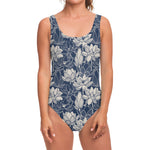 White And Blue Lotus Flower Print One Piece Swimsuit