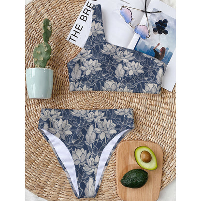 White And Blue Lotus Flower Print One Shoulder Bikini Top