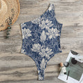 White And Blue Lotus Flower Print One Shoulder Bodysuit
