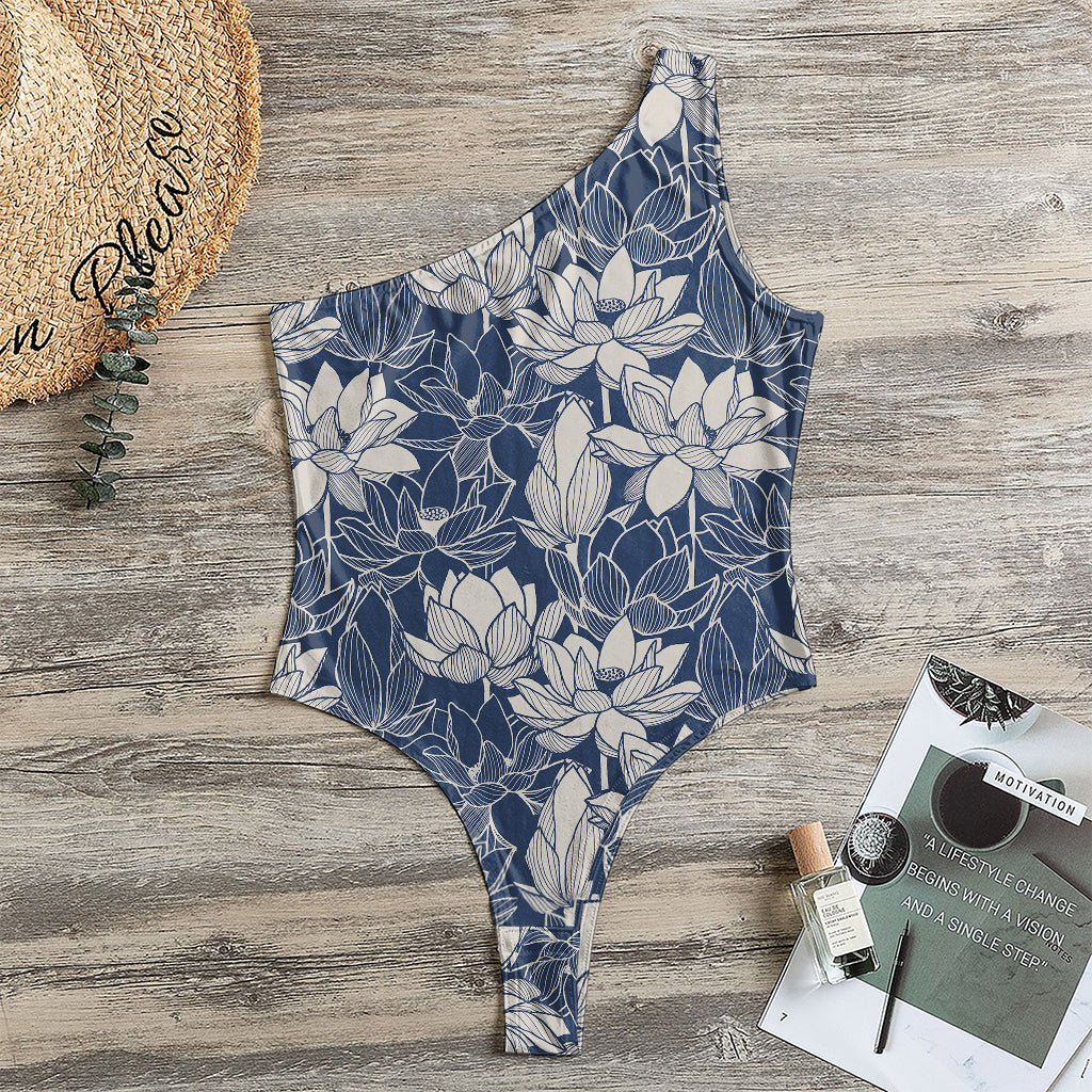 White And Blue Lotus Flower Print One Shoulder Bodysuit
