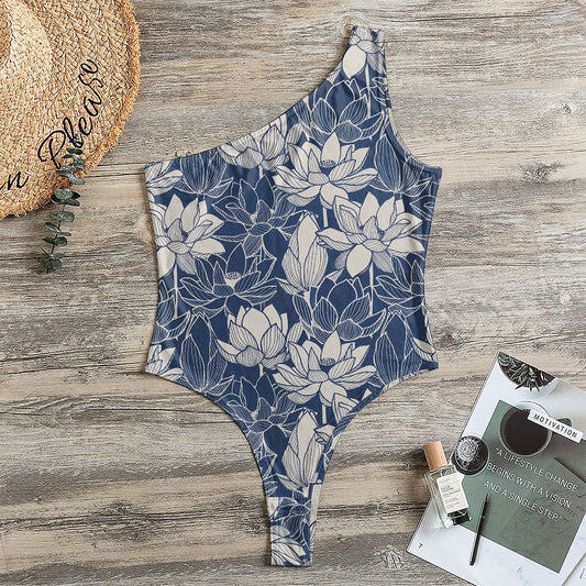 White And Blue Lotus Flower Print One Shoulder Bodysuit