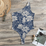White And Blue Lotus Flower Print One Shoulder Bodysuit