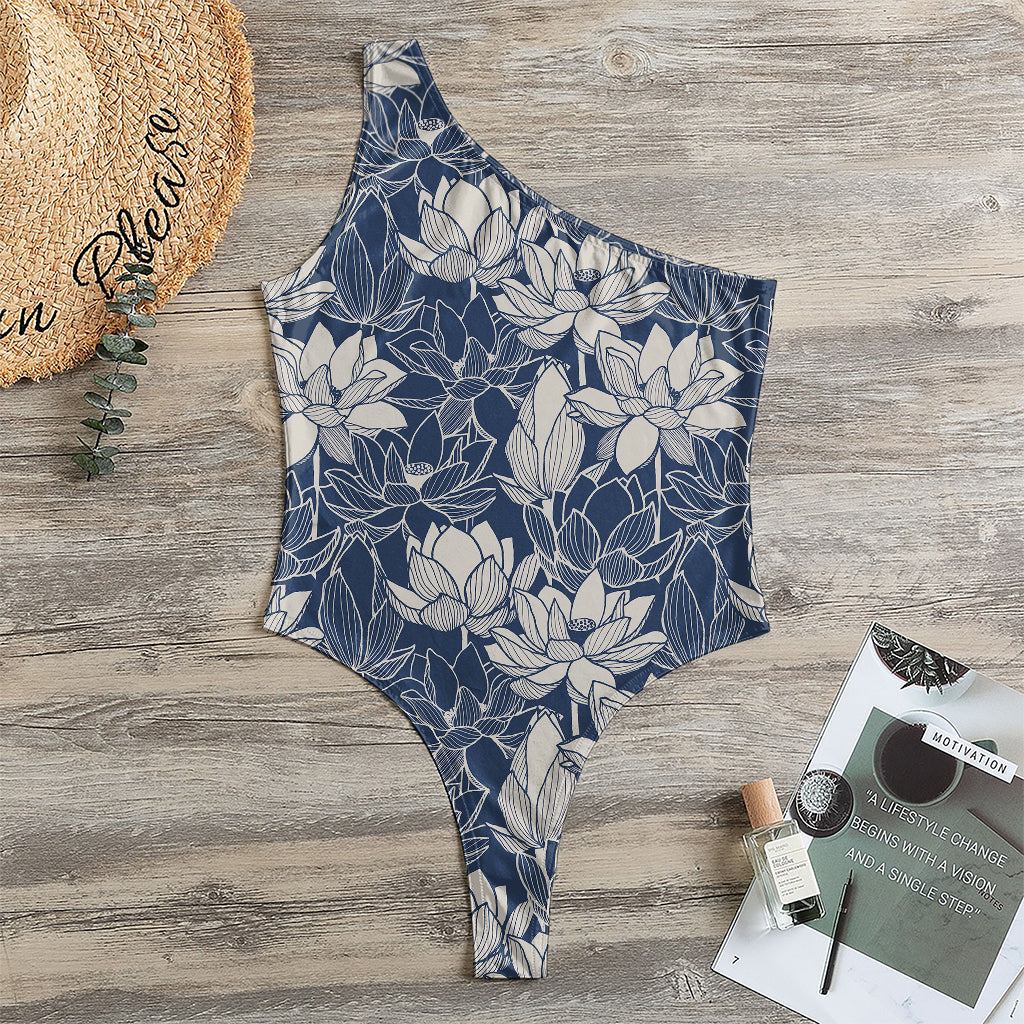 White And Blue Lotus Flower Print One Shoulder Bodysuit