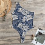 White And Blue Lotus Flower Print One Shoulder Bodysuit
