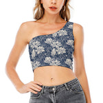 White And Blue Lotus Flower Print One Shoulder Crop Top