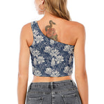 White And Blue Lotus Flower Print One Shoulder Crop Top