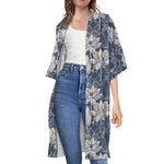 White And Blue Lotus Flower Print Open Front Beach Cover Up