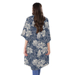 White And Blue Lotus Flower Print Open Front Beach Cover Up