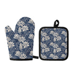 White And Blue Lotus Flower Print Oven Mitt And Pot Holder Set