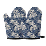 White And Blue Lotus Flower Print Oven Mitts